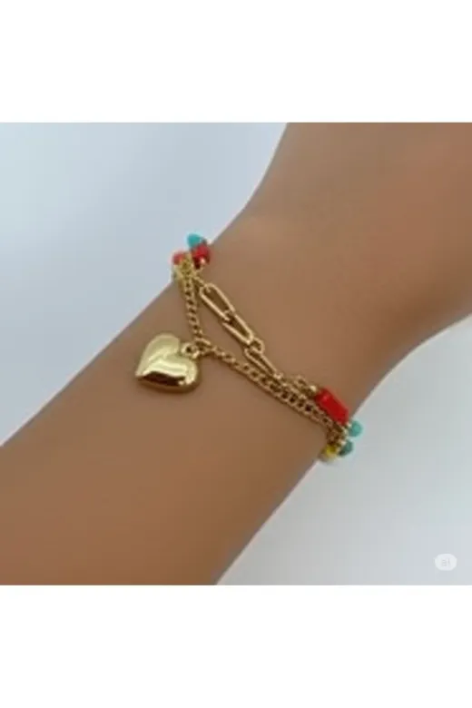 FAMEMUS ACCESSORY 0040790 Renkli Boncuk Detaylı Altın Renk Zincir Kadın Kolye