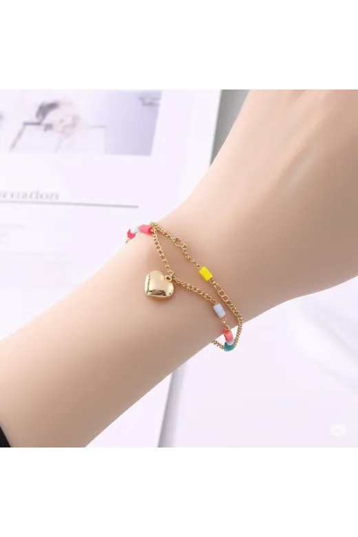 FAMEMUS ACCESSORY 0040790 Renkli Boncuk Detaylı Altın Renk Zincir Kadın Kolye