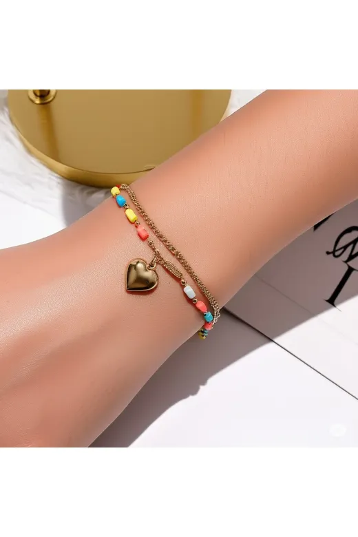 FAMEMUS ACCESSORY 0040790 Renkli Boncuk Detaylı Altın Renk Zincir Kadın Kolye