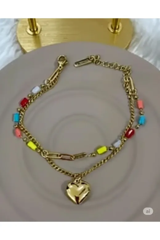 FAMEMUS ACCESSORY 0040790 Renkli Boncuk Detaylı Altın Renk Zincir Kadın Kolye