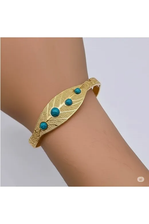 FAMEMUS ACCESSORY 0040892 Gold Renk Yaprak Desenli Turkuaz Taşlı Bilezik