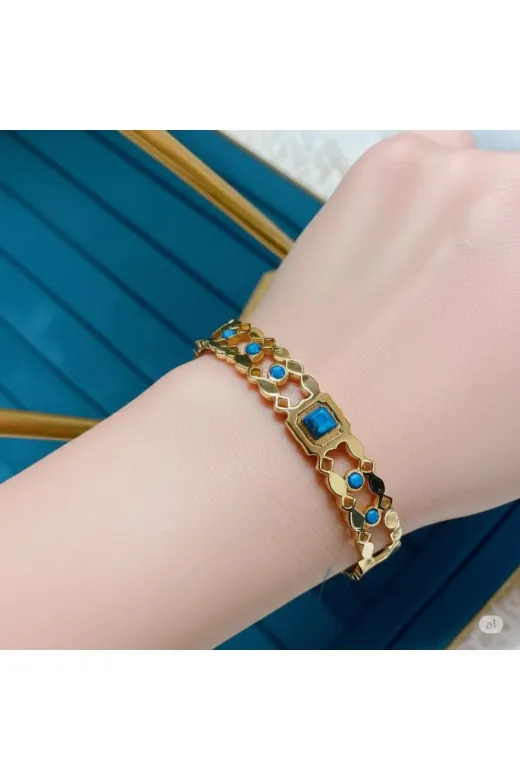 FAMEMUS ACCESSORY 0040895 Sevgililer Gününe Özel Gold Çelik Turkuaz Taşlı Özel Tasarım Bileklik