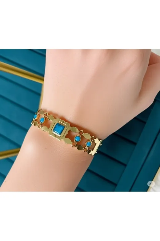 FAMEMUS ACCESSORY 0040895 Sevgililer Gününe Özel Gold Çelik Turkuaz Taşlı Özel Tasarım Bileklik