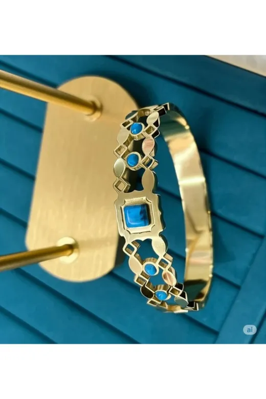 FAMEMUS ACCESSORY 0040895 Sevgililer Gününe Özel Gold Çelik Turkuaz Taşlı Özel Tasarım Bileklik