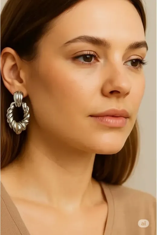 FAMEMUS ACCESSORY 0040913 Dalga Dokulu Gümüş Damla Çelik Küpe