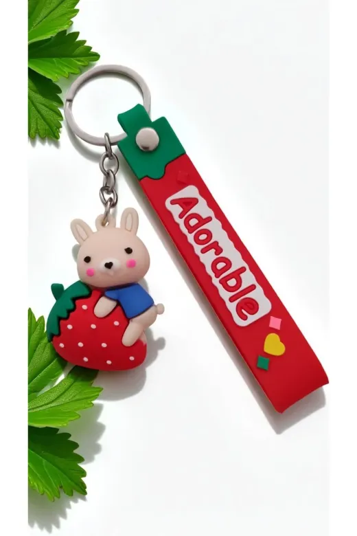 FAMEMUS ACCESSORY 0081829 Adorable Tavşan Ve Çilek Tasarımlı Anahtarlık – Sevimli Silikon Anahtarlık Çanta Aksesuar
