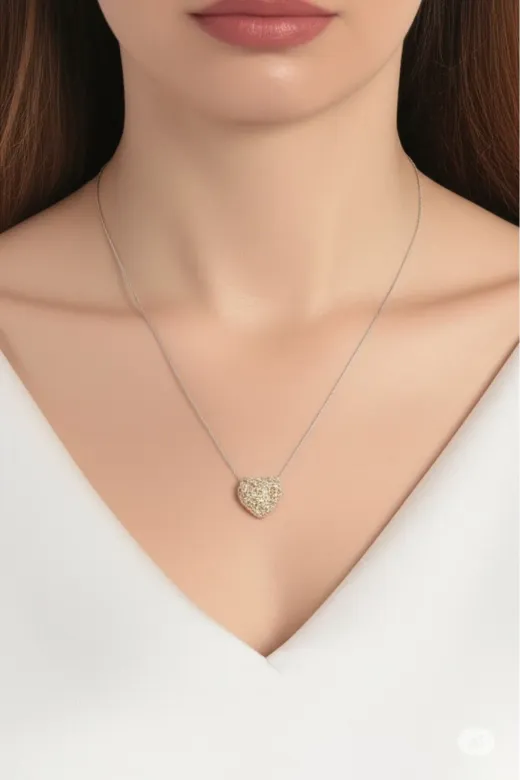 FAMEMUS ACCESSORY 01122 Çelik Çift Renk Zirkon Taşlı Kalp Kolye