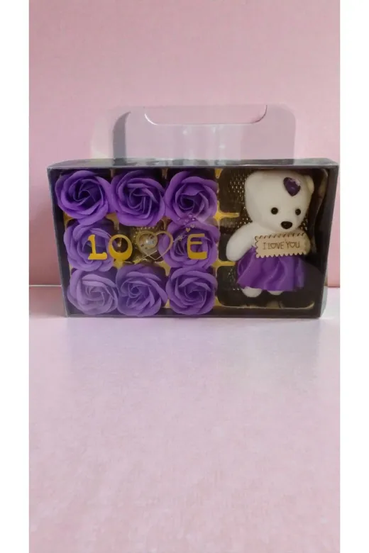 FAMEMUS ACCESSORY 2ewewqewqeqe Sevgililer Gününe Özel(I Love You Yazılı Asetatlı Güllü Ayıcık Mor Renk Hediyelik Boyut:20*11Cm