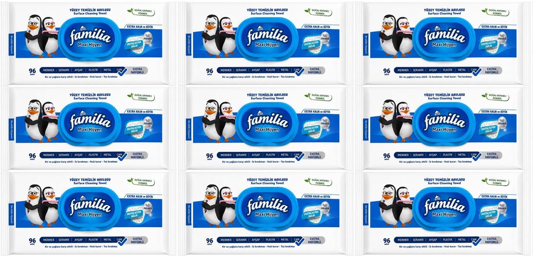 Familia Yüzey Temizlik Havlusu 96 Yaprak Maxi Hijyen Kabartma Doku Plastik Kapaklı 9 Lu Set 864 Yprk