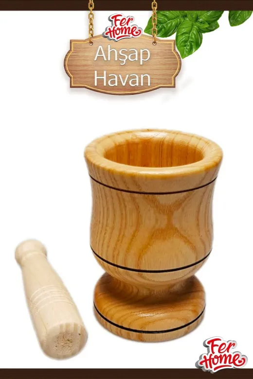 FERHOME A-1037 Ahşap Havan Sarımsak Ezici Şimşir Ceviz Fındık Içi Döveceği Pratik Ev Gereci