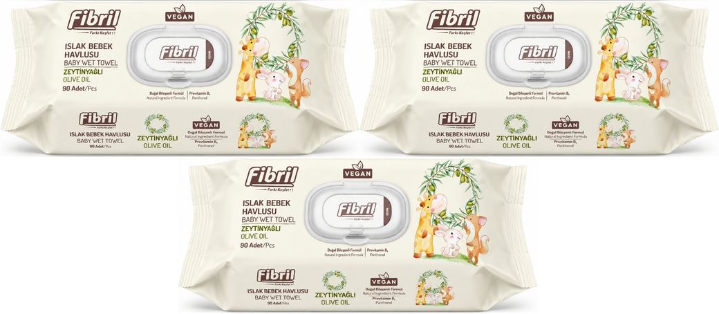 Fibril Islak Havlu Bebek Mendil 90 Yaprak Zeytinyağlı Plastik Kapaklı (3 Lü Set) 270 Yaprak