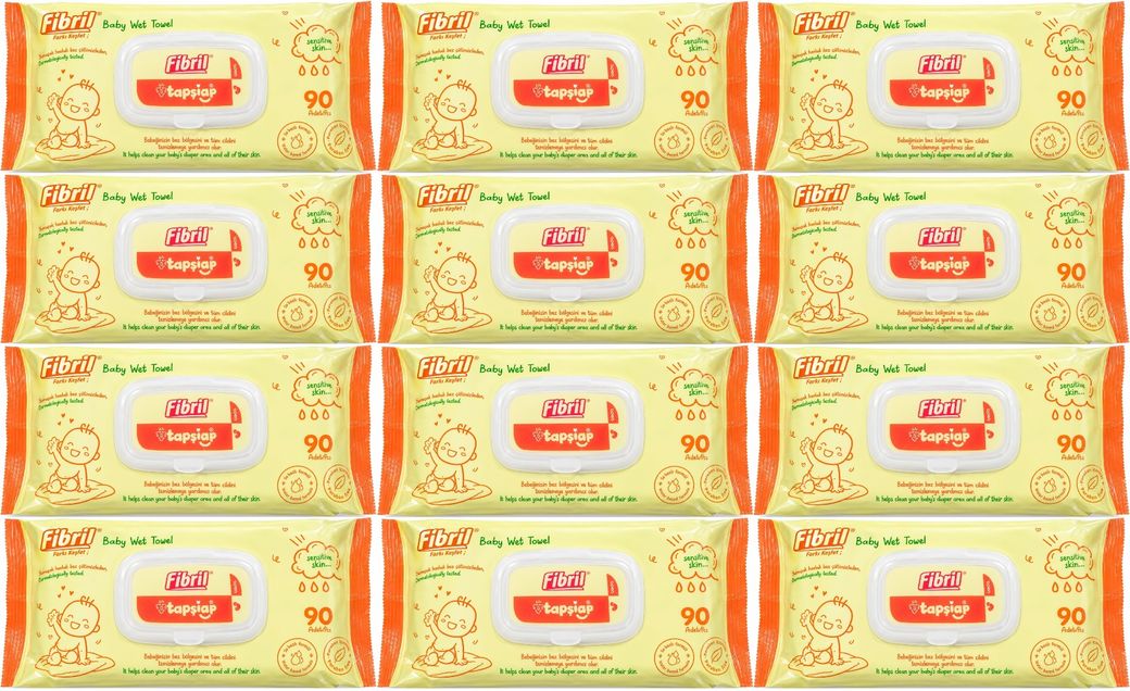 Fibril Islak Havlu Mendil 90 Yaprak Bebek Plastik Kapaklı (12 Li Set) 1080 Yaprak