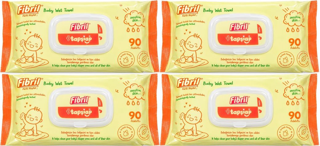 Fibril Islak Havlu Mendil 90 Yaprak Bebek Plastik Kapaklı (4 Lü Set) 360 Yaprak