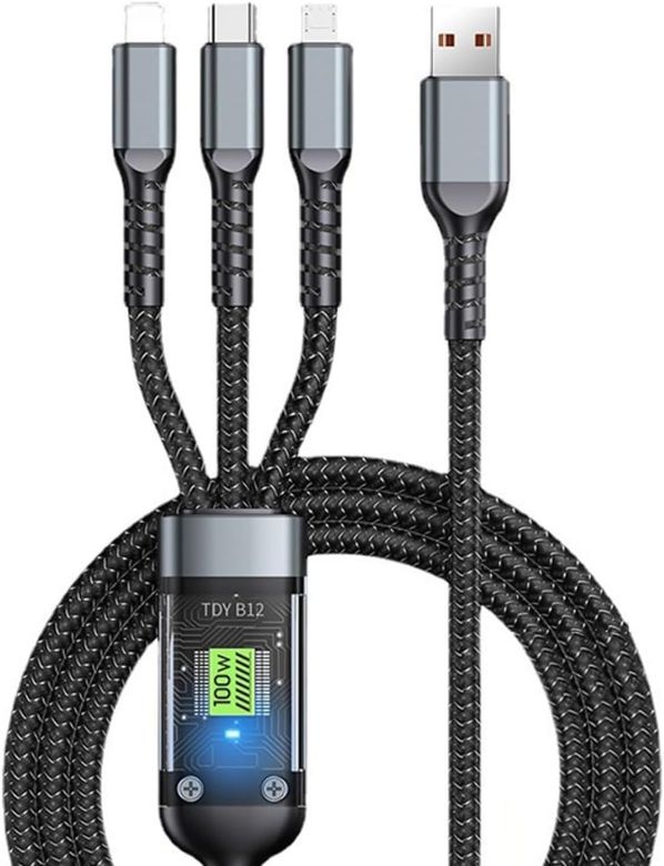 FİOPLUS 100W3İN1FAST Fioplus 3'ü 1 Arada Usb Kablosu Hızlı Şarj Şeffaf Aydınlık 100W Süper Hızlı Şarj Kablosu