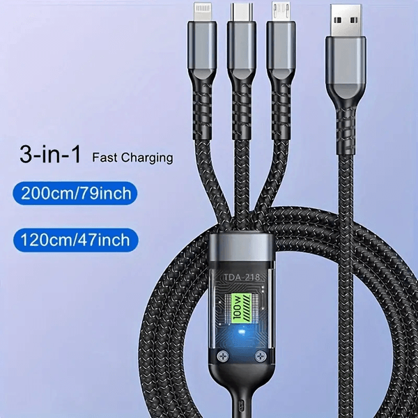 FİOPLUS 100W3İN1FAST Fioplus 3'ü 1 Arada Usb Kablosu Hızlı Şarj Şeffaf Aydınlık 100W Süper Hızlı Şarj Kablosu