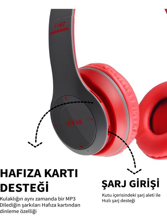 FİOPLUS P47 Katlanabilir 3.5Mm Giriş Tf Kart Destekli Mikrofonlu Kulak Üstü Kablosuz Bluetooth Kulaklık