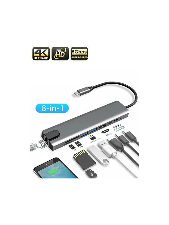 FİOPLUS Usb Çoklayıcı 8In1 Hub Type-C 4K Hdmı Sd Tf Kart Okuyucu Usb 3.0 Okuyucu Adaptör