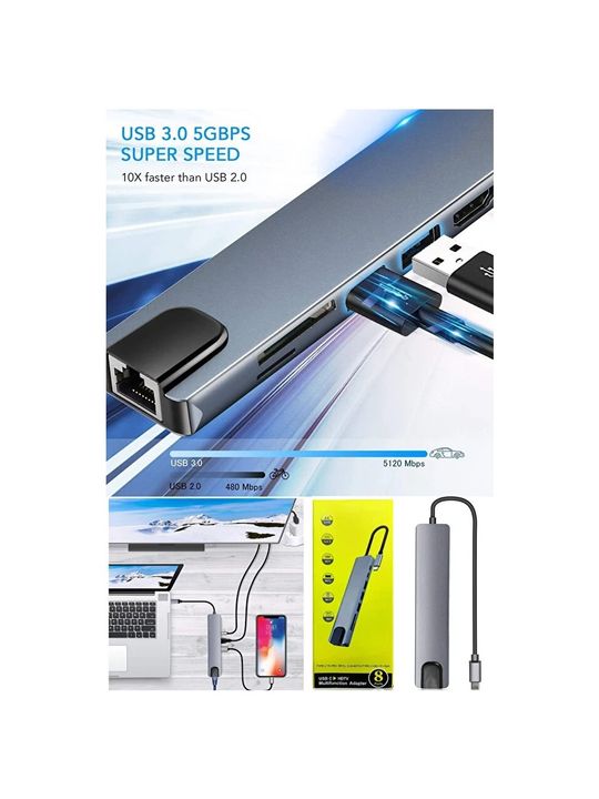 FİOPLUS Usb Çoklayıcı 8In1 Hub Type-C 4K Hdmı Sd Tf Kart Okuyucu Usb 3.0 Okuyucu Adaptör