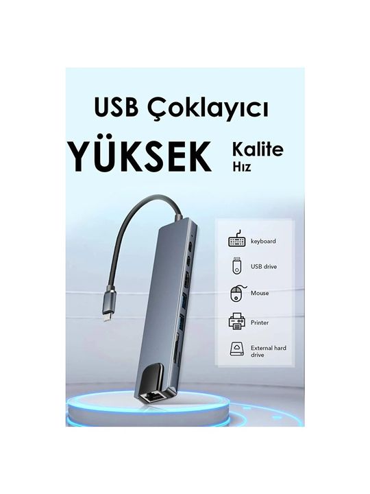 FİOPLUS Usb Çoklayıcı 8In1 Hub Type-C 4K Hdmı Sd Tf Kart Okuyucu Usb 3.0 Okuyucu Adaptör