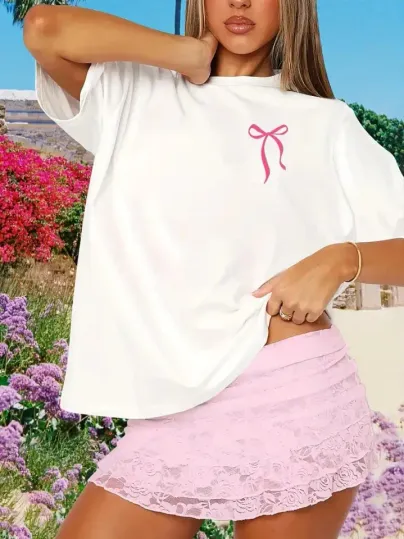 Fiyonk Baskılı Oversize Bisiklet Yaka T-shirt - Beyaz - S - Beyaz