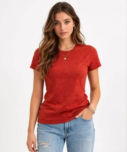 Flam Kumaş Melanj Dokulu Regular Fit Tişört Bisiklet Yaka Yazlık T-Shirt - Kiremit - L - Kiremit