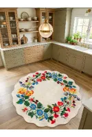 Floral Çiçek Desenli Dalgalı Kesim Lateks Taban Antre Mutfak Halısı
