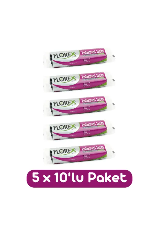 Florex 869740539072445 Endüstriyel Jumbo Boy Çöp Torbası 80 X 110 Cm 10Lu Rulo Siyah 5 Rulo 50 Adet