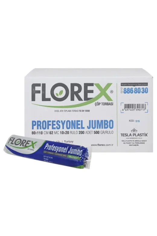 Florex 8697405390988 Profesyonel Jumbo Çöp Torbası 1 Koli 200 Adet 80 X 110 Cm / 62 Mc
