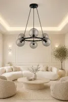 Focus 6'LI Siyah renk Füme Rengi Glob Camlı Modern Sarkıt Avize Oturma Odası Salon