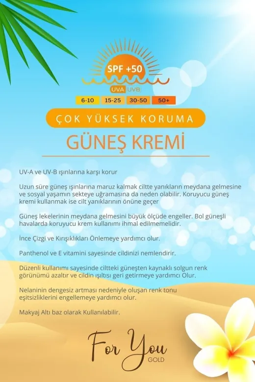 For You Gold gns.01 Güneş Kremi Leke Karşıtı, Yüksek Korumalı Spf50+ Faktörlü 100 Ml Güneş Kremi