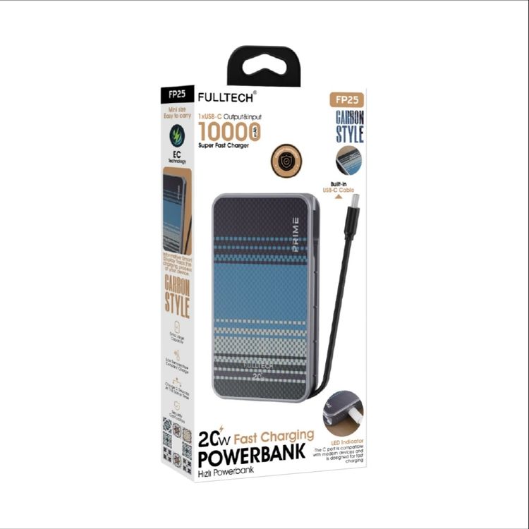 Fp25 Powerbank 10.000Mah, Dahili Usb-C Kablolu Karbon Stil, 20W Powerbank