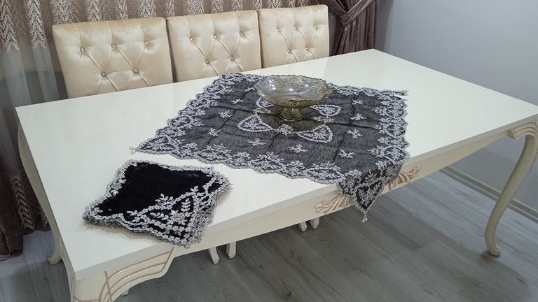 Fransız Tülü Vitrin Seti Örümcek Model 16 Parça Siyah
