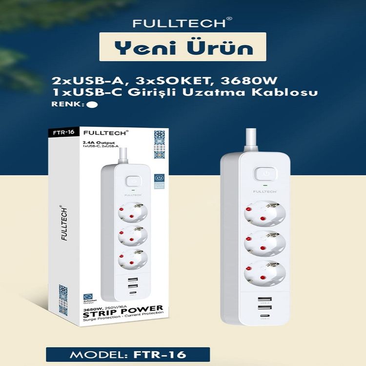 Fulltech 3Xpriz, 2Xusb-A 1Xusb-C 16A 3680W Akım Korumalı Priz Ftr-16