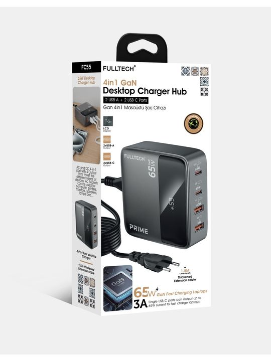 Fulltech Fc55 Prime 65W Gan Masaüstü Şarj Hub 4In1 2 Usb-A 2 Usb-C Hızlı Şarj Cihazı