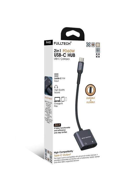 Fulltech Fh10 2'si 1 Arada Usb-C Hub  Pd 60W Hızlı Şarj & Ses Aktarımı Çift Usb-C Girişli Örgü Kablolu Taşınabilir Çoklayıcı