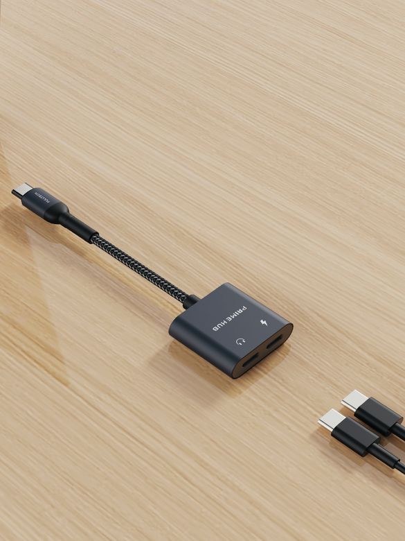 Fulltech Fh10 2'si 1 Arada Usb-C Hub  Pd 60W Hızlı Şarj & Ses Aktarımı Çift Usb-C Girişli Örgü Kablolu Taşınabilir Çoklayıcı