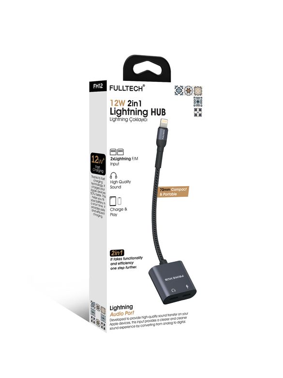 Fulltech Fh12 12W 2In1 Lightning Çoklayıcı Hub - Çift Lightning Girişli, Hızlı Şarj Ve Ses Aktarımlı