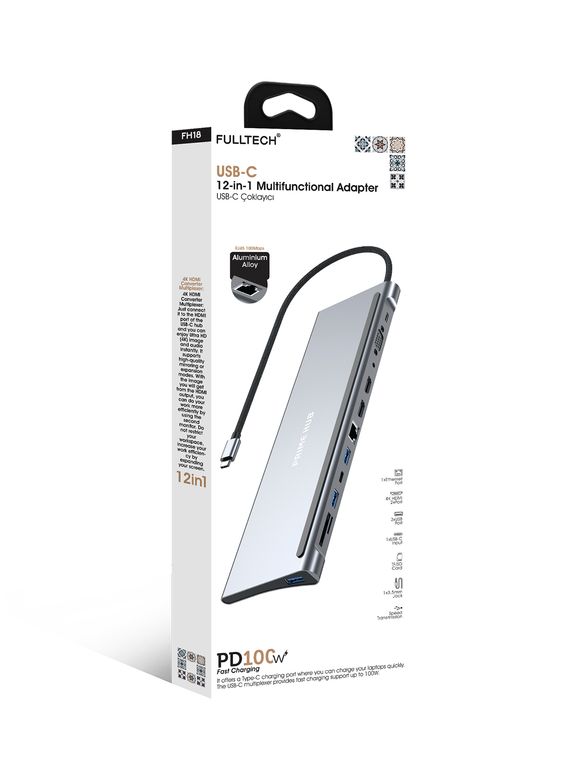 Fulltech Fh18 12'si 1 Arada Usb-C Çoklayıcı | 2X 4K Hdmi, 100W Pd, Rj45, 3X Usb, Kart Girişi Ve Ses