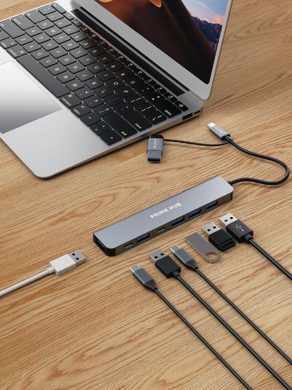 Fulltech Fh28 7-In-2 Usb-C+A Çoklayıcı | 5X Usb Girişi + 2X Usb-C | 5Gbps Hızlı Veri Aktarımı | Laptop & Macbook Uyumlu Çoklu Port Adaptör