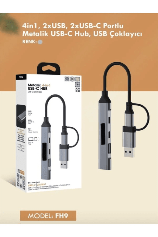 Fulltech Fh9 4-In-1 Usb-C Hub 2Xusb-A, 2Xusb-C Çıkışlı Usb-A + C Girişli, Metalik Usb Çoklayıcı