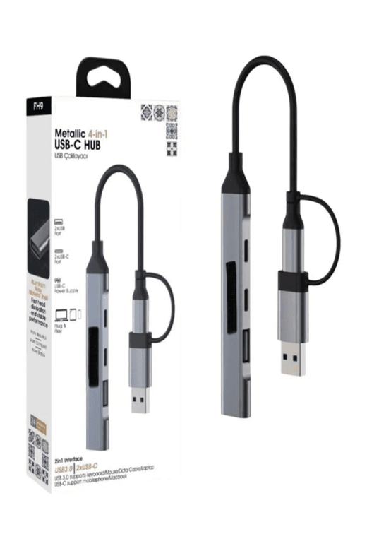 Fulltech Fh9 4-In-1 Usb-C Hub 2Xusb-A, 2Xusb-C Çıkışlı Usb-A + C Girişli, Metalik Usb Çoklayıcı