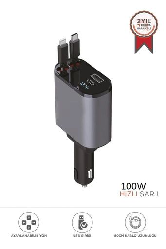 G16-BLACK Torima G16 – Fm Transmitter & 100W Süper Hızlı Araç Şarjı, Entegre Type-C Ve Lightning Kablo