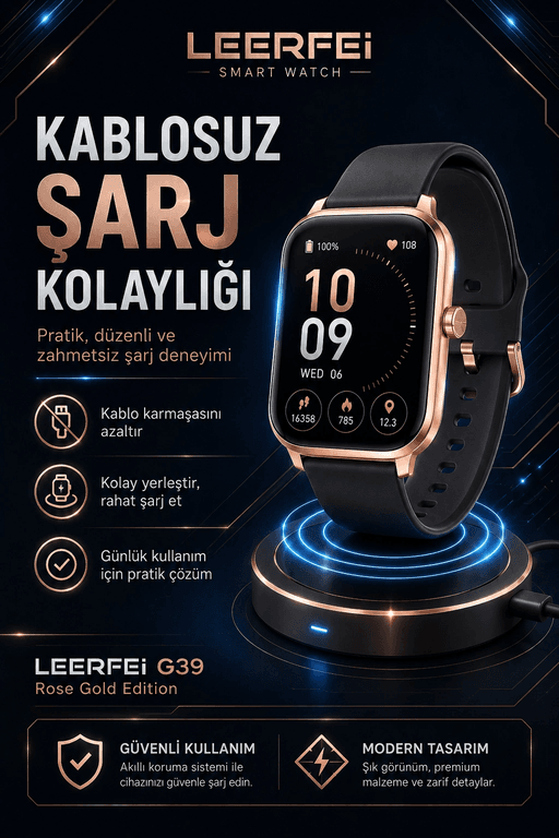 G39 Model Kablosuz Şarjlı Akıllı Saat Rose Gold Renk Bildirim Ve Arama Destekli