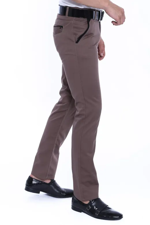 Garnili Cepli Desensiz Slim Fit Koyu Bej Erkek Pantolon - Wessi