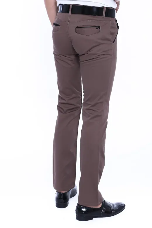 Garnili Cepli Desensiz Slim Fit Koyu Bej Erkek Pantolon - Wessi