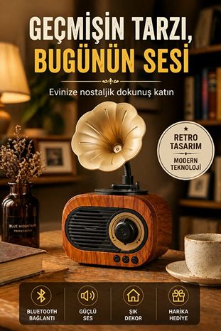Genel Markalar 54845341521 Nostaljik Gramafon Plak Görünümlü Mini Retro Bluetooth Hoparlör