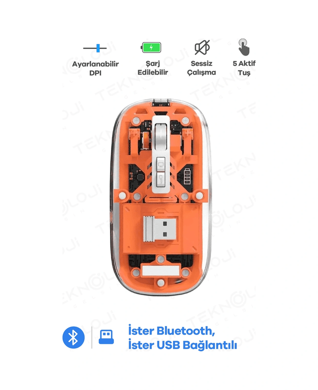 Genel Markalar epo10067 Bluetooth Usb Çift Modlu Sessiz Mouse, Şeffaf Mıknatıslı Kapaklı, Type-C Şarjlı, Dpı Ayarlı, Kablosuz 10M Çekim Mesafeli, Masaüstü Kısayol Tuşlu, Taşınabilir Şarjlı Mouse Turuncu