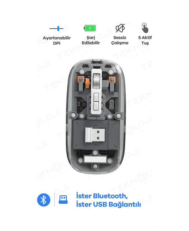 Genel Markalar epo10070 Bluetooth Usb Çift Modlu Sessiz Mouse, Şeffaf Mıknatıslı Kapaklı, Type-C Şarjlı, Dpı Ayarlı, Kablosuz 10M Çekim Mesafeli, Masaüstü Kısayol Tuşlu, Taşınabilir Şarjlı Mouse Siyah
