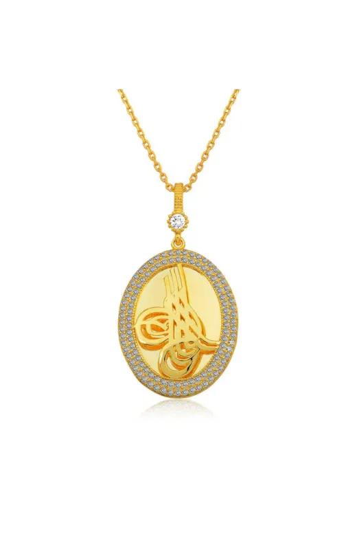 Generic DMR-GMSH-BRKD-PT11002513 Gümüş Gold Tuğralı Oval Kolye