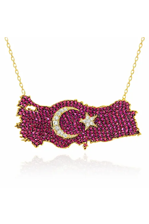 Generic DMR-GMSH-BRKD-PT11003736 Gümüş Gold Ay Yıldız Türkiye Haritası Kadın Kolye